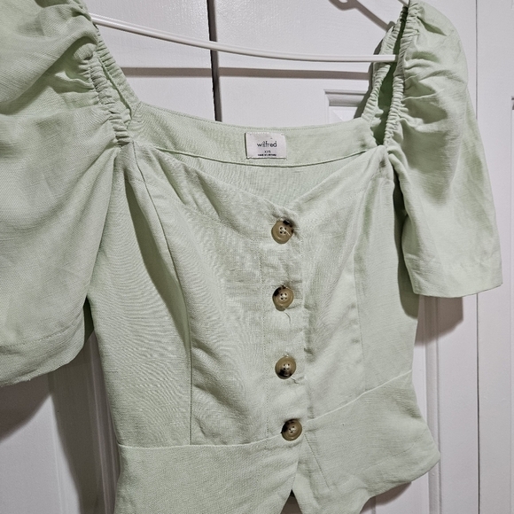 ARITZIA Wilfred Janine Top Button-Front Linen-Blend Blouse Green Size XXS - Picture 4 of 7